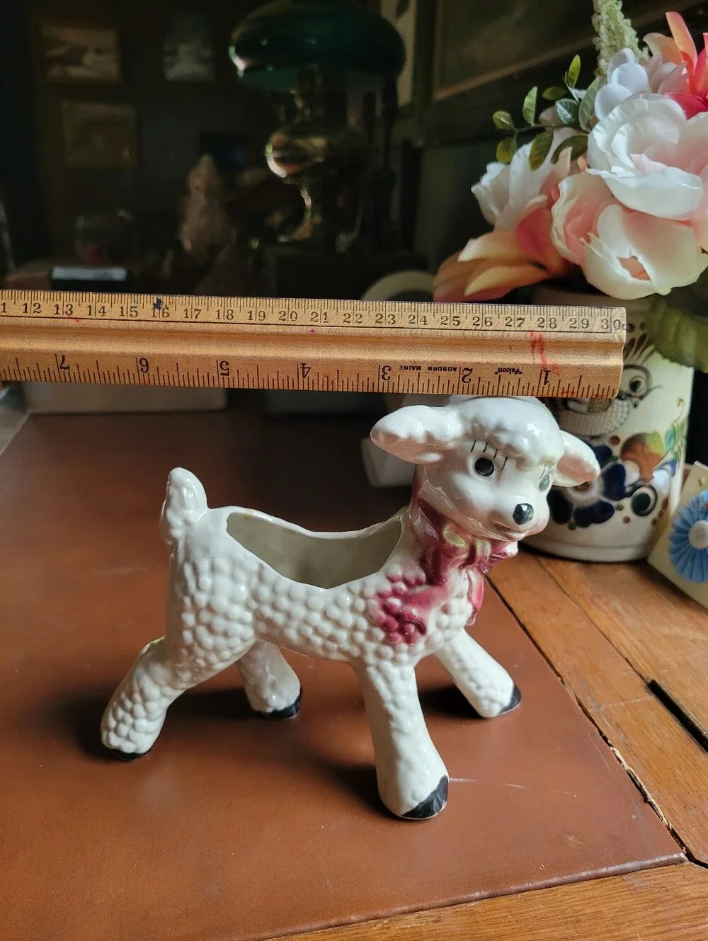 Vintage Kitsch 1950's White Lamb Planter with Pink Bow 🎀